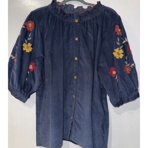 OH MY STARS top Women's Plus Size 2XL Boutique Blue Embroidered Short Sleeve